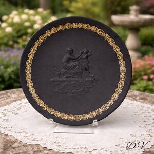 Vintage Wedgwood Black Basalt Mother's Plate, Gold Laurel Border,Made in England